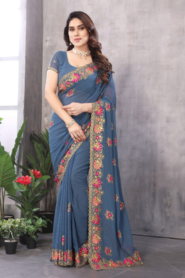 MIYANIFAB Embroidered Bollywood Georgette Saree(Grey)