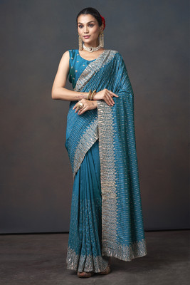 PEEYU Embroidered Bollywood Pure Silk Saree(Light Blue)