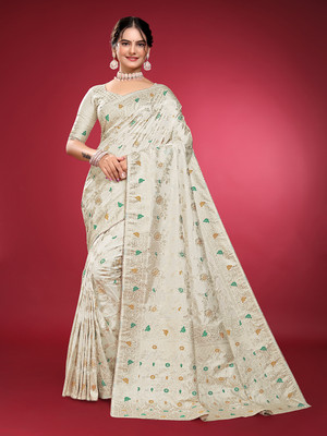 Homigoz Woven Banarasi Pure Silk Saree(White)