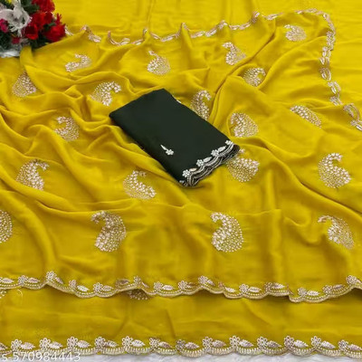 Ethina Fashion Embroidered Bollywood Georgette Saree(Yellow)
