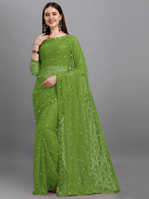 LOROFY Self Design Bollywood Net Saree(Green)