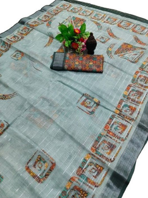 HangerStories Printed Kanjivaram Pure Cotton, Cotton Linen Saree(Light Blue)