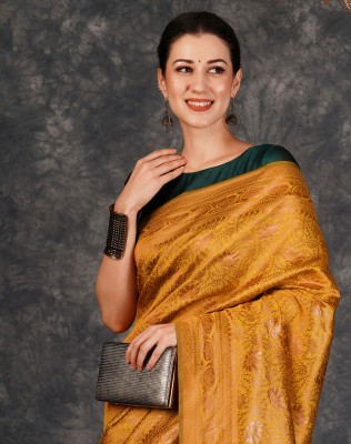 SIRIL Woven, Embellished, Self Design Banarasi Silk Blend, Jacquard Saree(Yellow, Dark Green)