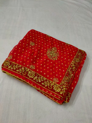 Aadishri Printed, Embroidered Bandhani Chiffon Saree(Red)