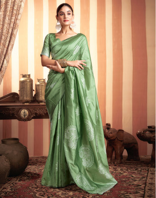 Satrani Dyed, Self Design, Woven Banarasi Silk Blend Saree(Light Green, White)
