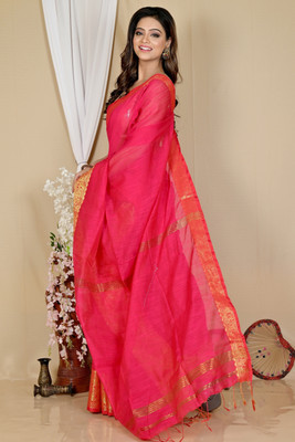 PuJoy Solid/Plain, Self Design Handloom Cotton Silk Saree(Pink)