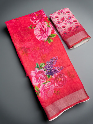 parakhiya fab Floral Print, Printed Daily Wear Cotton Linen Saree(Red)