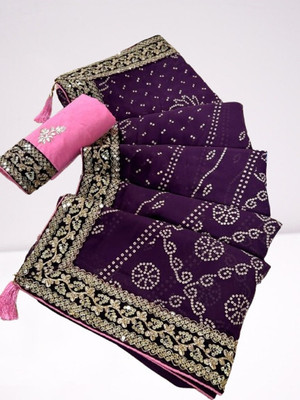 Damru trendz Digital Print Bandhani Georgette Saree(Purple)