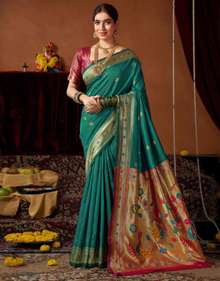 Samah Woven, Embellished Paithani Pure Silk Saree(Green)