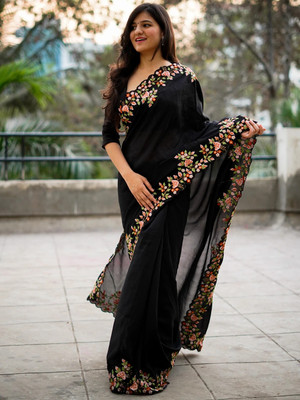 Sareemall Embroidered Bollywood Silk Blend Saree(Black)