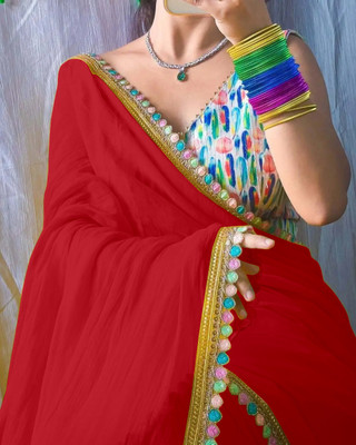 Edina Solid/Plain Bollywood Georgette Saree(Red)
