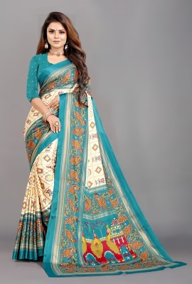 ASHNANTI Printed Bandhani Silk Blend Saree(Light Blue)