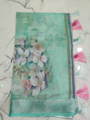 J6 Designers Floral Print Bollywood Linen Saree(Light Blue)