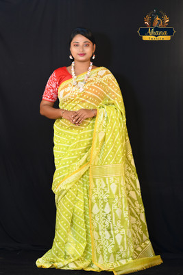 Ahana Textile Printed Handloom Cotton Blend Saree(Yellow)