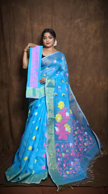 Rnn Embroidered Jamdani Cotton Silk Saree(Light Blue)