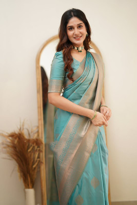 Rudr Venture Digital Print Banarasi Jacquard Saree(Green)