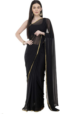 V And V Shop Solid/Plain Bollywood Chiffon Saree(Black)