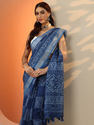 LIBAS Printed Daily Wear Cotton Blend Saree(Blue)