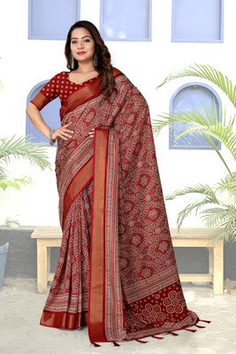 J6 Designers Embellished, Printed, Geometric Print Bandhani Cotton Silk Saree(Maroon)