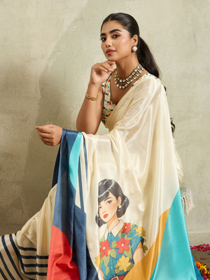 Rachna Striped Bollywood Satin Saree(Cream)