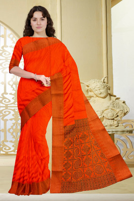 Arzoo kala textiles Temple Border Banarasi Handloom Pure Cotton Saree(Orange)
