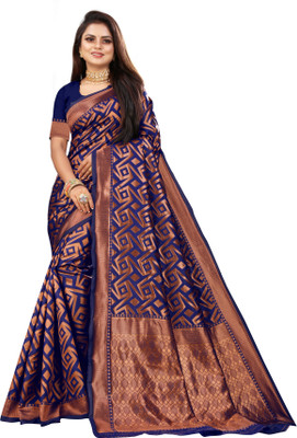 Vedant Vastram Printed Kanjivaram Silk Blend Saree(Dark Blue)