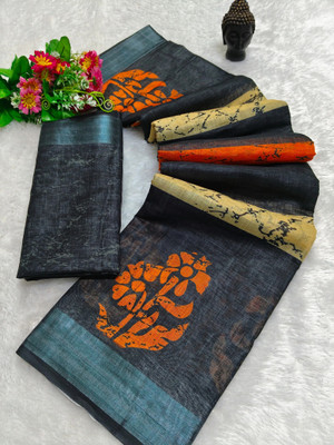 PRTRENDZ Woven Kanjivaram Pure Cotton, Cotton Silk Saree(Black, Orange)