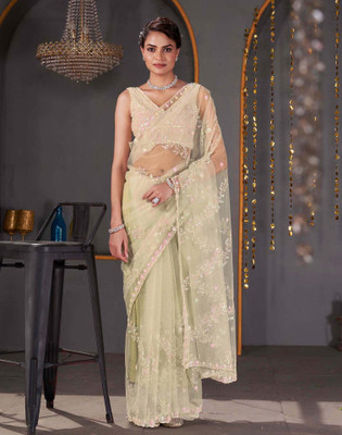 Satrani Embroidered, Embellished Bollywood Net Saree(Light Green)