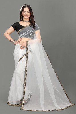 RE Renny Enterprise Self Design Bollywood Net Saree(White)
