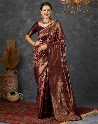 Divastri Woven Kanjivaram Silk Blend, Jacquard Saree(Maroon)