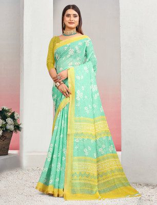 Mervadiya Printed Kanjivaram Pure Cotton, Cotton Linen Saree(Light Green)