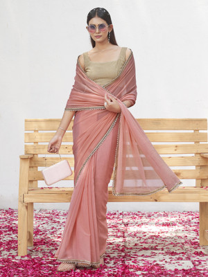Tikhi Imli Solid/Plain Saree with Attached Blouse Chiffon Saree(Pink)