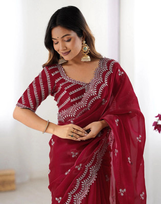 Satrani Embroidered, Embellished Bollywood Tissue Saree(Red)