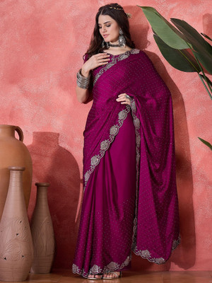 Vichitra Embellished Bollywood Silk Blend Saree(Purple)