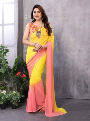 munir Solid/Plain Bollywood Georgette Saree(Yellow, Pink)