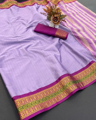 AMARQUEEN Woven, Solid/Plain, Temple Border Banarasi Silk Blend Saree(Purple)
