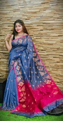 Ganesh plastic and industry Woven Tant Cotton Linen Saree(Blue, Pink)