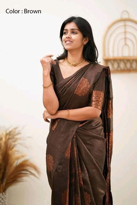 Amrut Collection Woven Banarasi Silk Blend Saree(Brown)