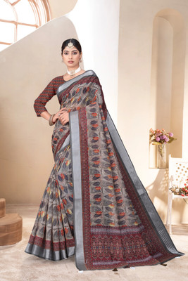 Mugdarra Geometric Print Daily Wear Linen Saree(Multicolor)