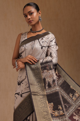 soch Printed Saree with Attached Blouse Tussar Silk Saree(White)