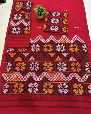 VM Selling Hub Printed Mekhela Chador Silk Blend Saree(Red)