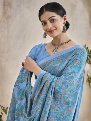 Divastri Printed Daily Wear Crepe Saree(Light Blue)