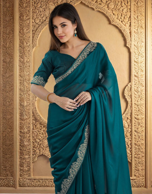 Shopbox Store Solid/Plain Saree with Attached Blouse Chiffon Saree(Dark Green)
