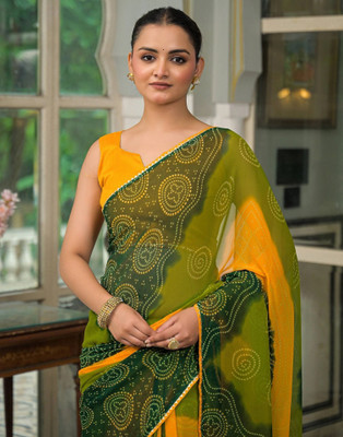 Samah Printed Bandhani Georgette, Chiffon Saree(Yellow, Green)