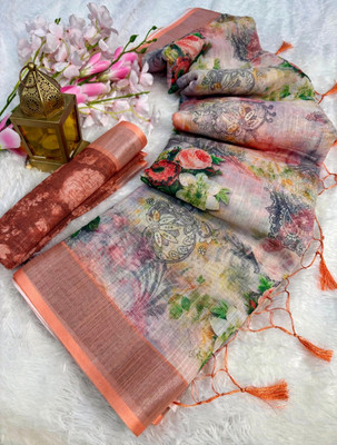 Divastri Digital Print Banarasi Cotton Linen Saree(Orange)