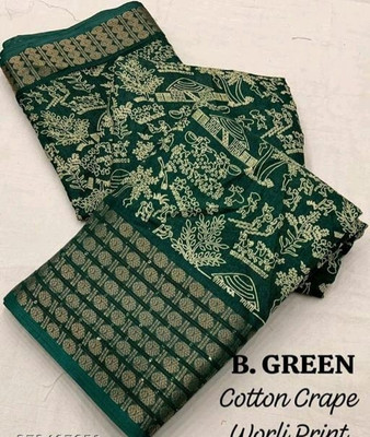 Ridham Printed Kalamkari Silk Blend Saree(Green)