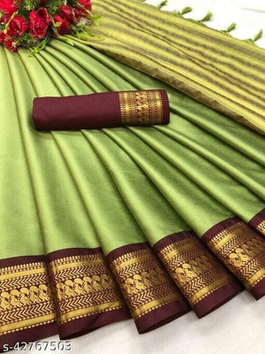 Juhi Collection Woven, Embellished, Solid/Plain Kanjivaram Art Silk, Cotton Silk Saree(Green)