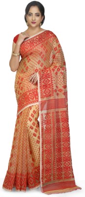 BENGAL HANDLOOM Woven Jamdani Cotton Silk Saree(Red, Beige)