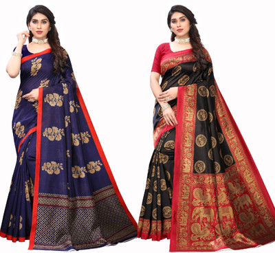 Grubstaker Printed Mysore Art Silk Saree(Pack of 2, Multicolor)