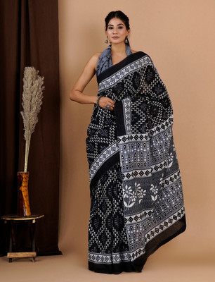 Pallo Latke Blocked Printed Bollywood Pure Cotton Saree(Multicolor)